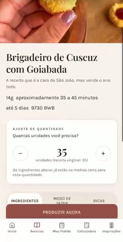 Tela de uma receita no aplicativo com foto do doce, ingredientes e botão Produzir agora.
